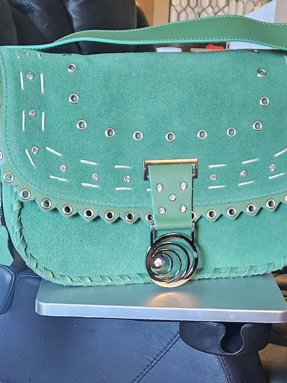 Green Suede Studded Shoulder Bag